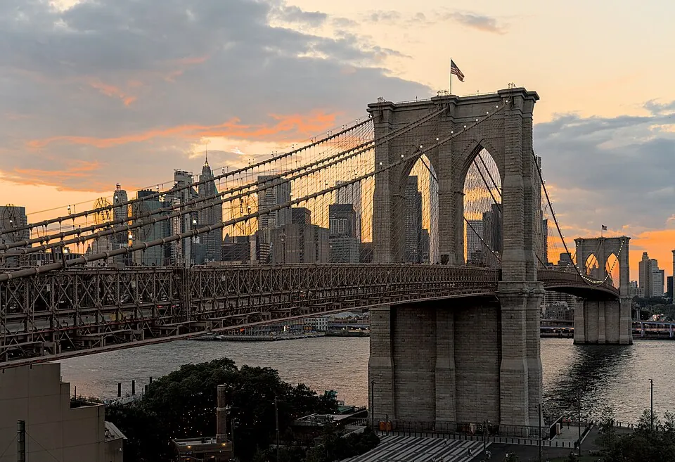 The Brooklyn Bridge at sunset, seen from a DUMBO rooftop