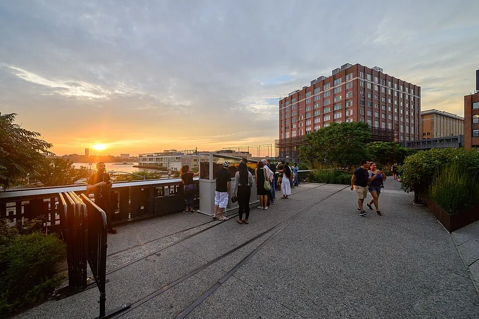The High Line's planted walkway at sunset above West Chelsea