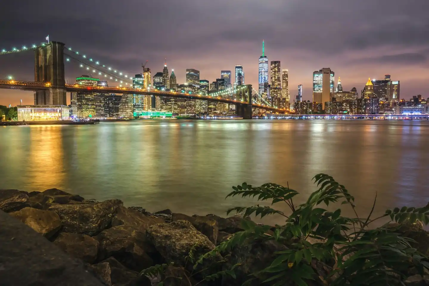 The Brooklyn Bridge and Lower Manhattan at night from the Brooklyn waterfront
